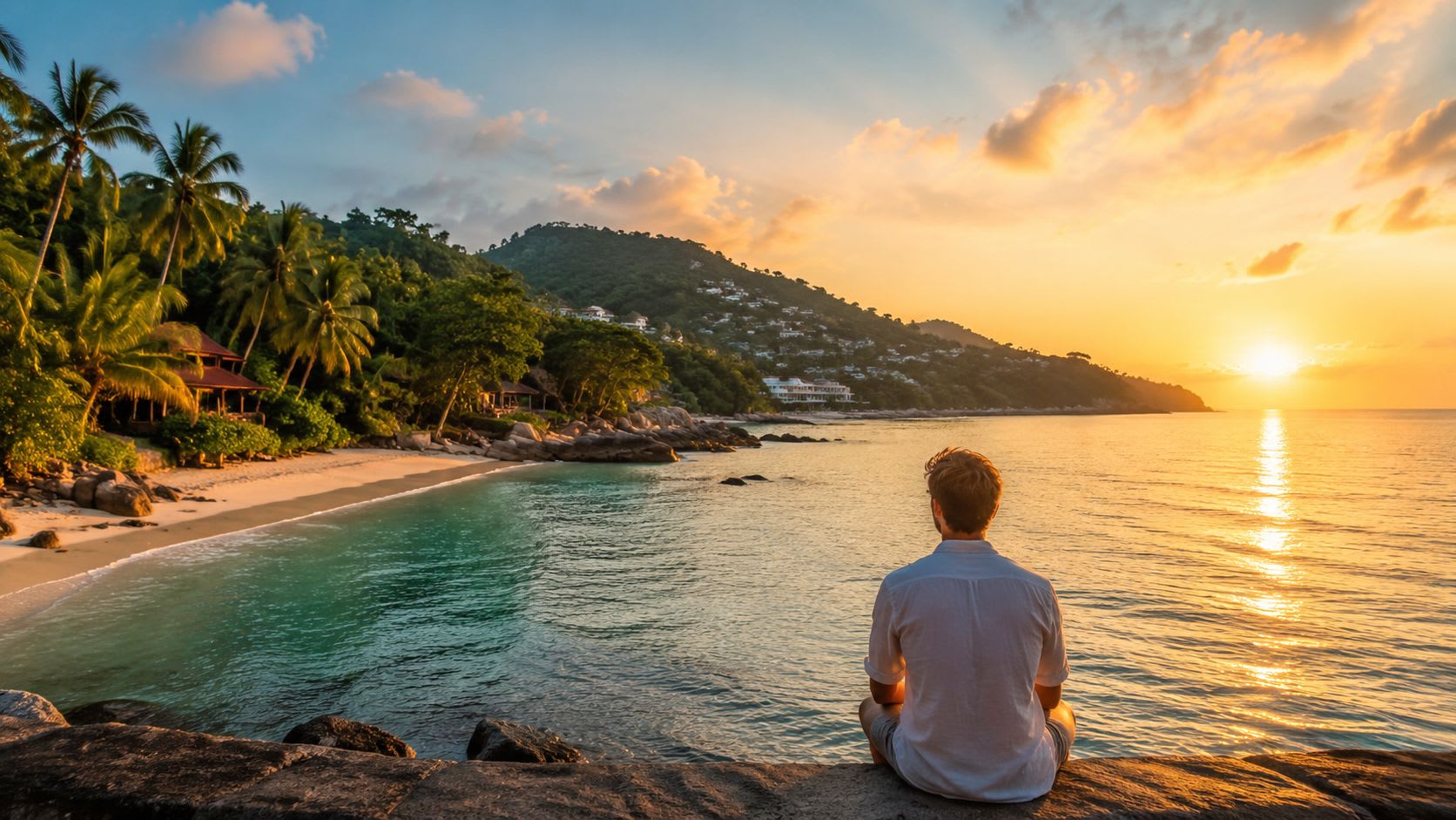 A man sits on a rocky ledge overlooking a tropical beach at sunset in Thailand