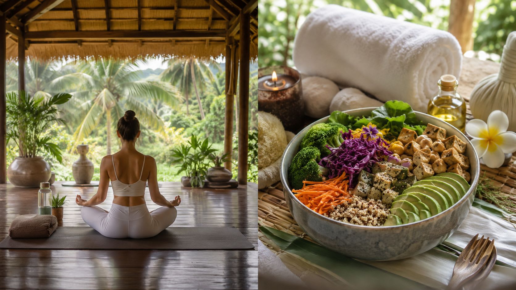 A woman meditating on a wooden yoga platform in Thailand with a nutritious salad wellness bowl nearby.