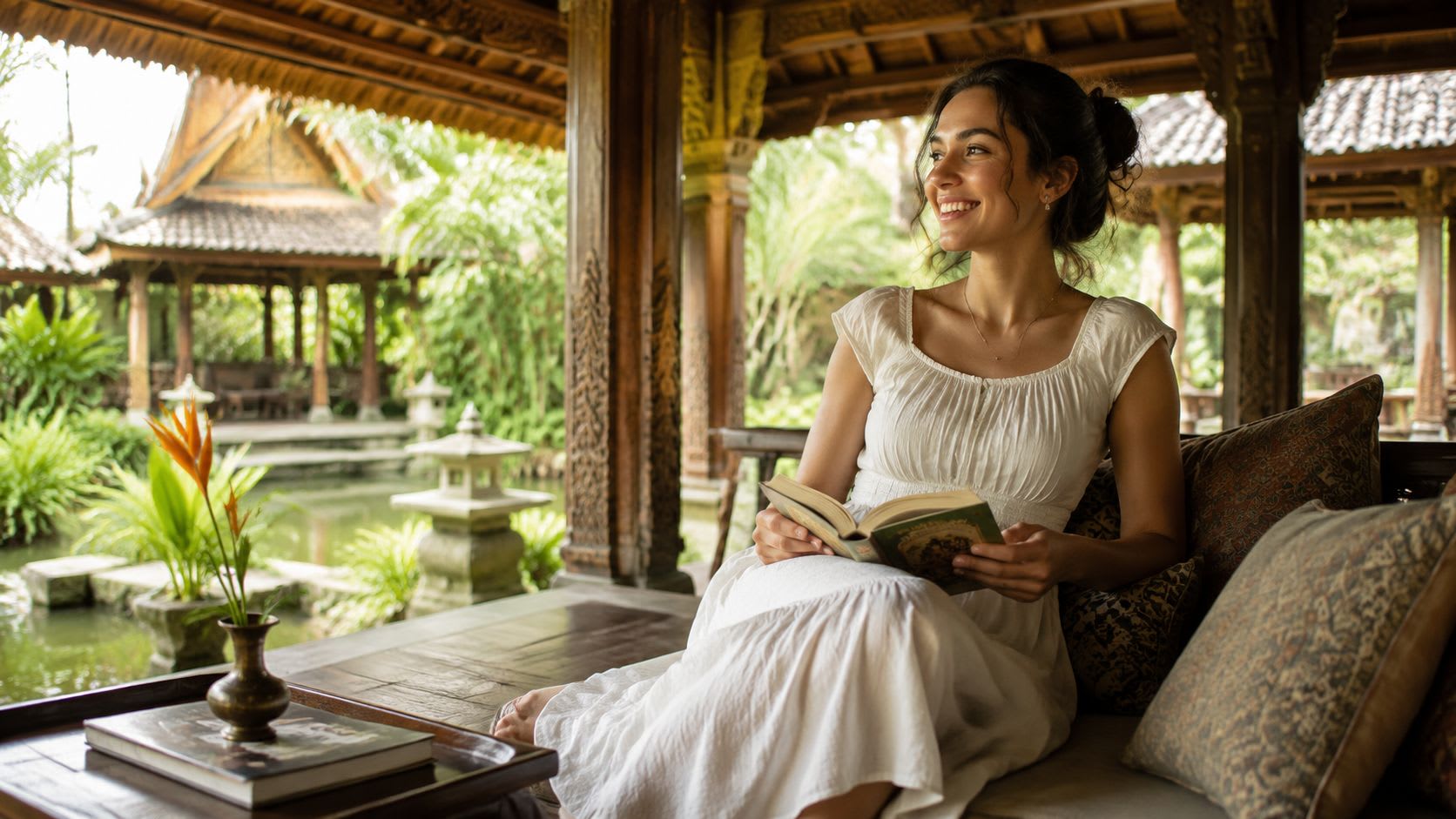 A smiling woman in a white dress reads a book at a peaceful wellness retreat in Thailand.