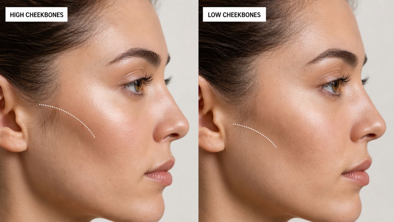 Une comparaison côte à côte montrant la différence visuelle entre des pommettes hautes et des pommettes basses sur le visage d’une femme.