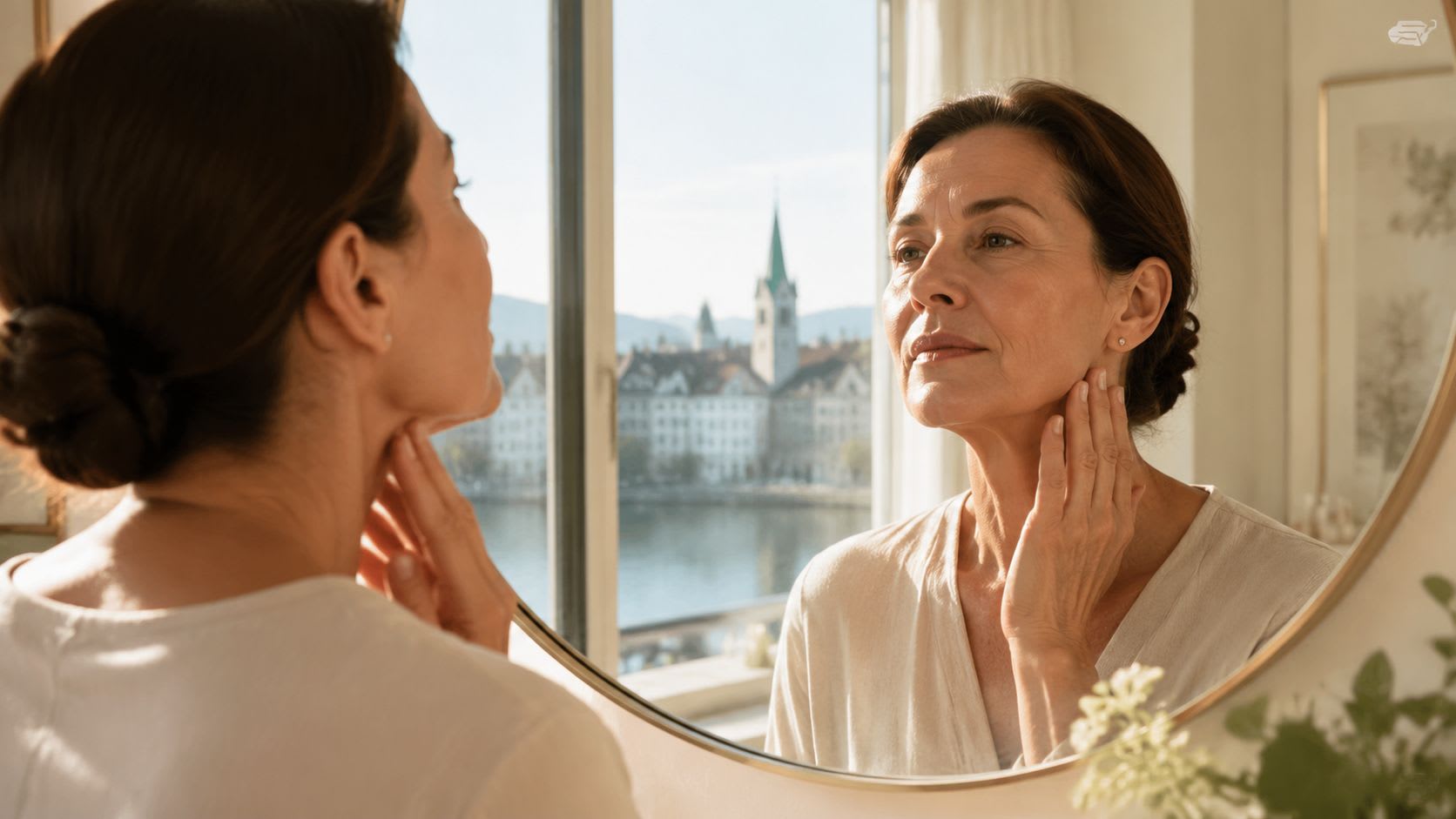 A mature woman looking at her face and neck in a mirror, evaluating her skin and appearance.