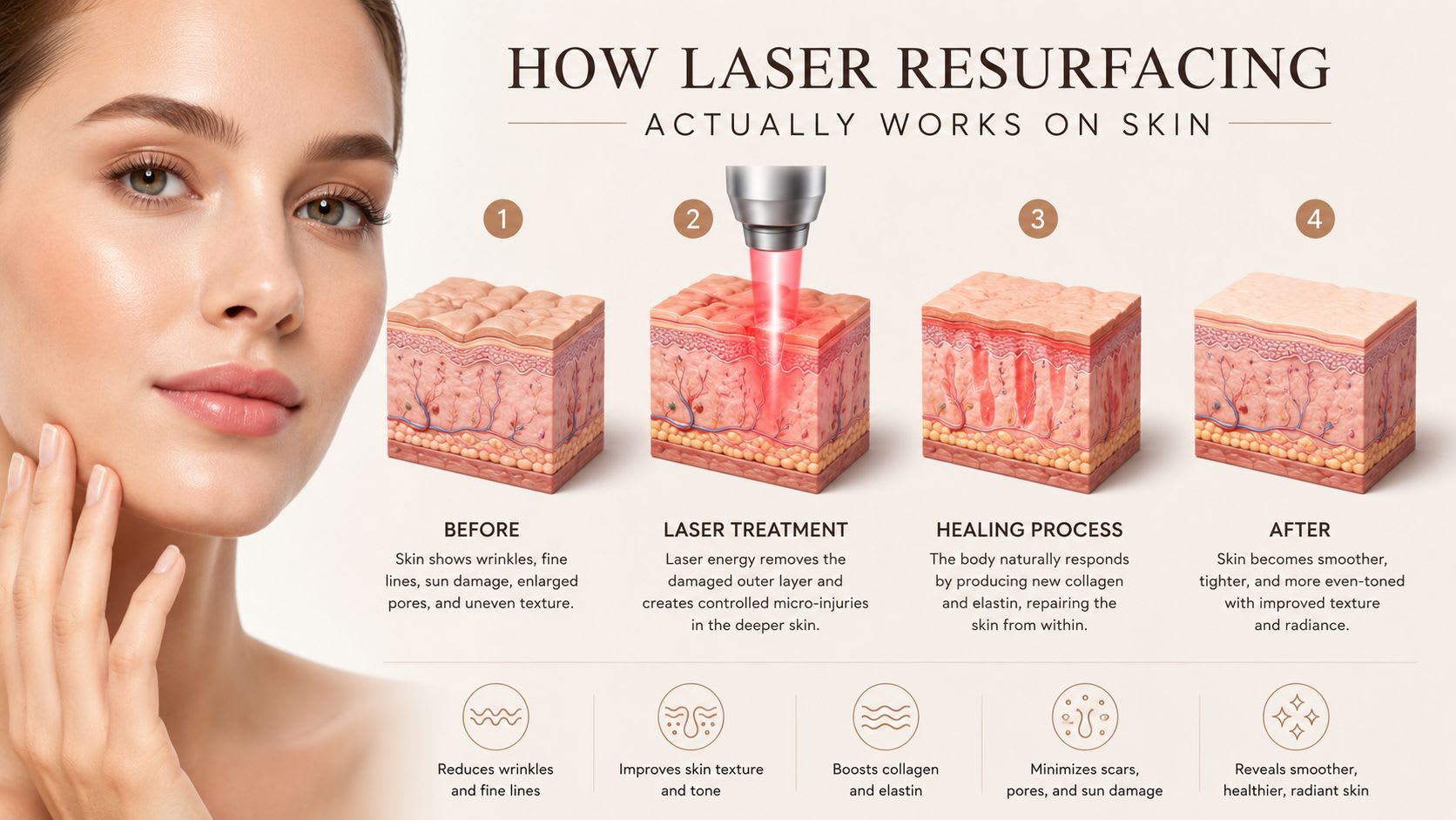 Un diagramme illustrant les quatre étapes du resurfaçage cutané au laser, montrant les processus de rajeunissement et de cicatrisation de la peau.