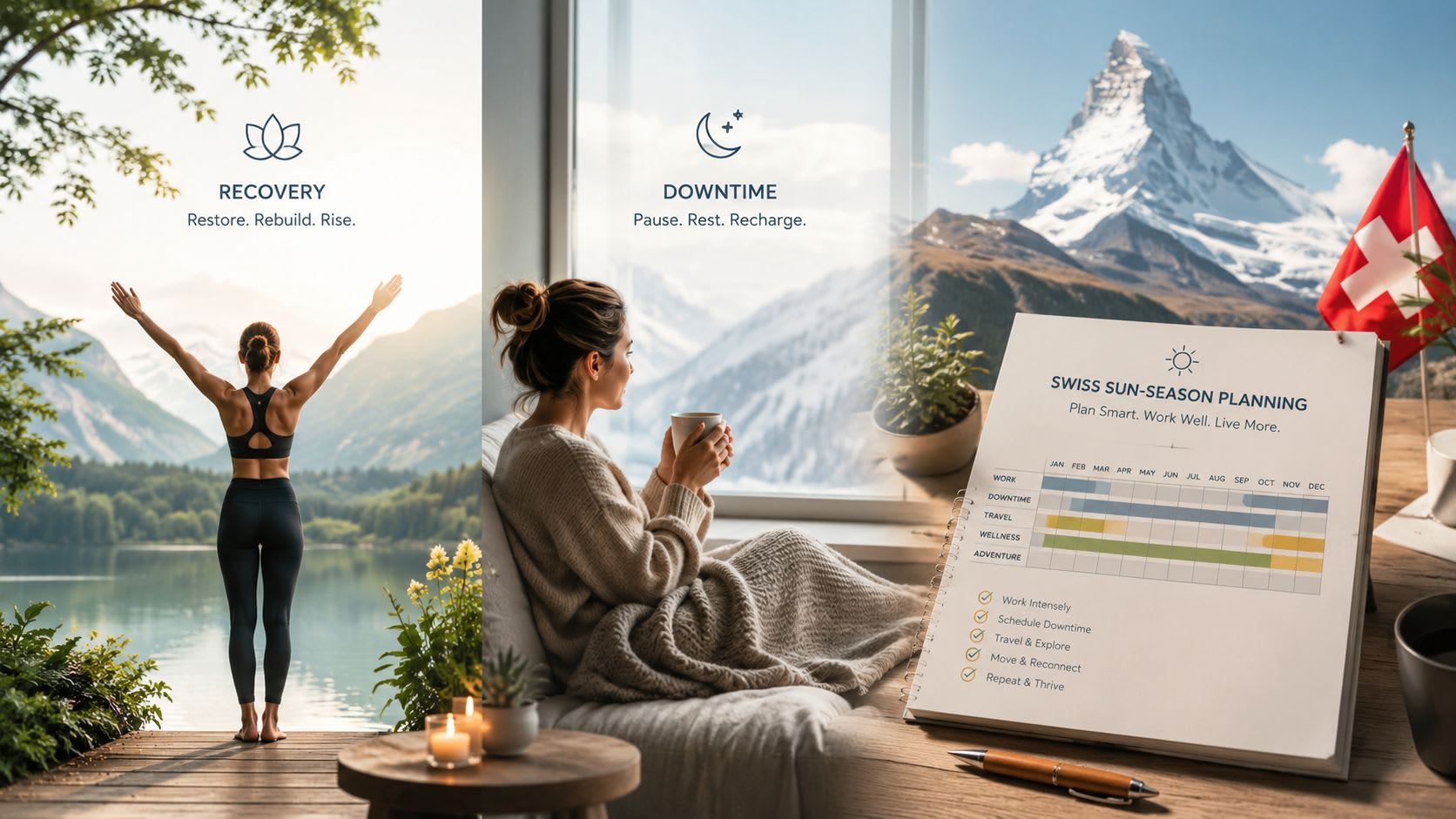 Une image composite présentant des concepts de bien-être, une vue relaxante sur la montagne et un calendrier structuré de planification annuelle de la saison solaire suisse.
