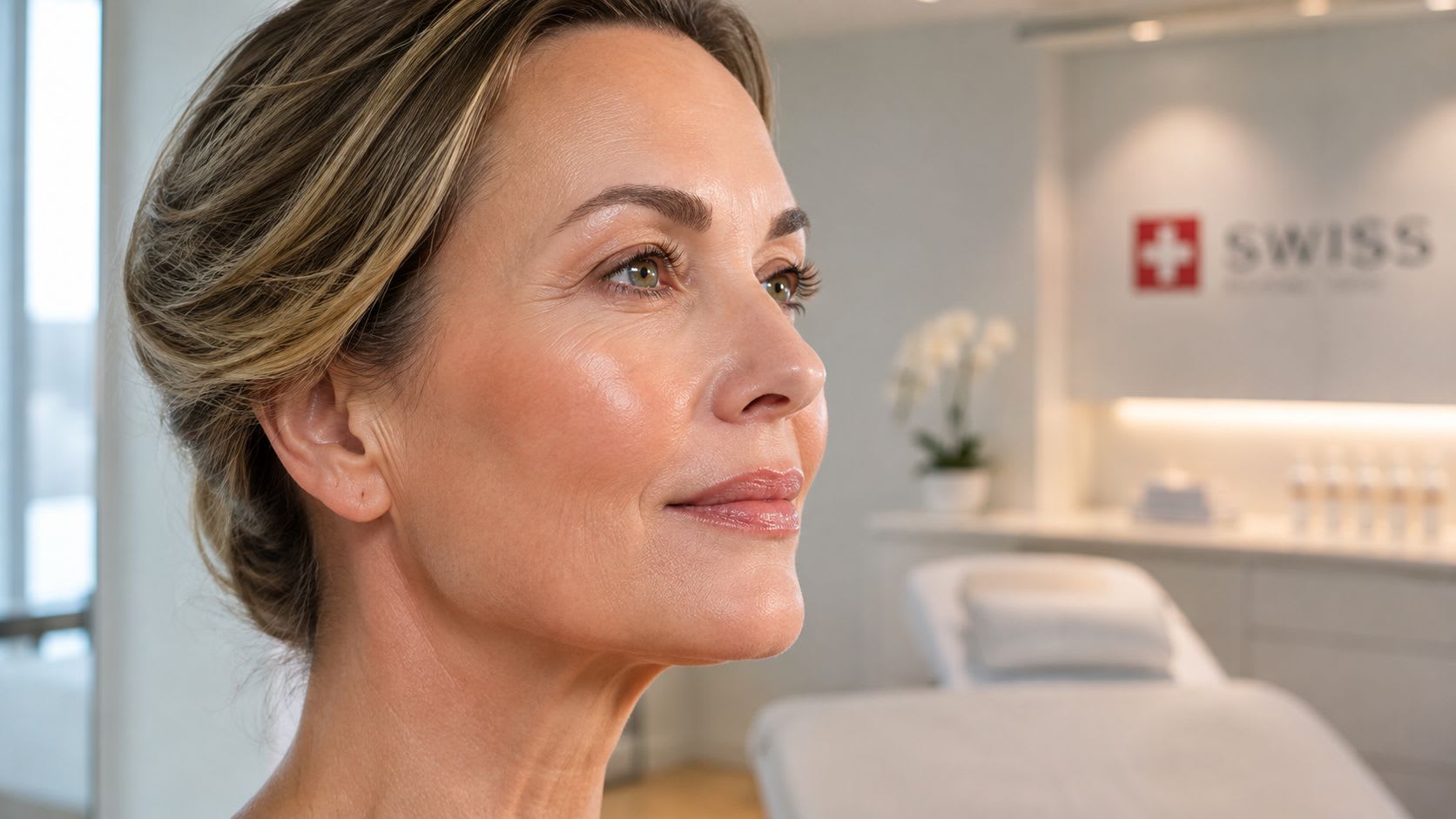 A middle-aged woman with clear, radiant skin looking to the side in a professional skincare clinic setting.