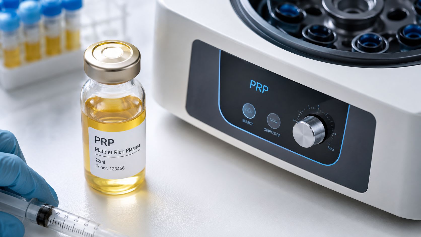 A vial labeled PRP Platelet Rich Plasma next to a laboratory centrifuge machine on a white surface.