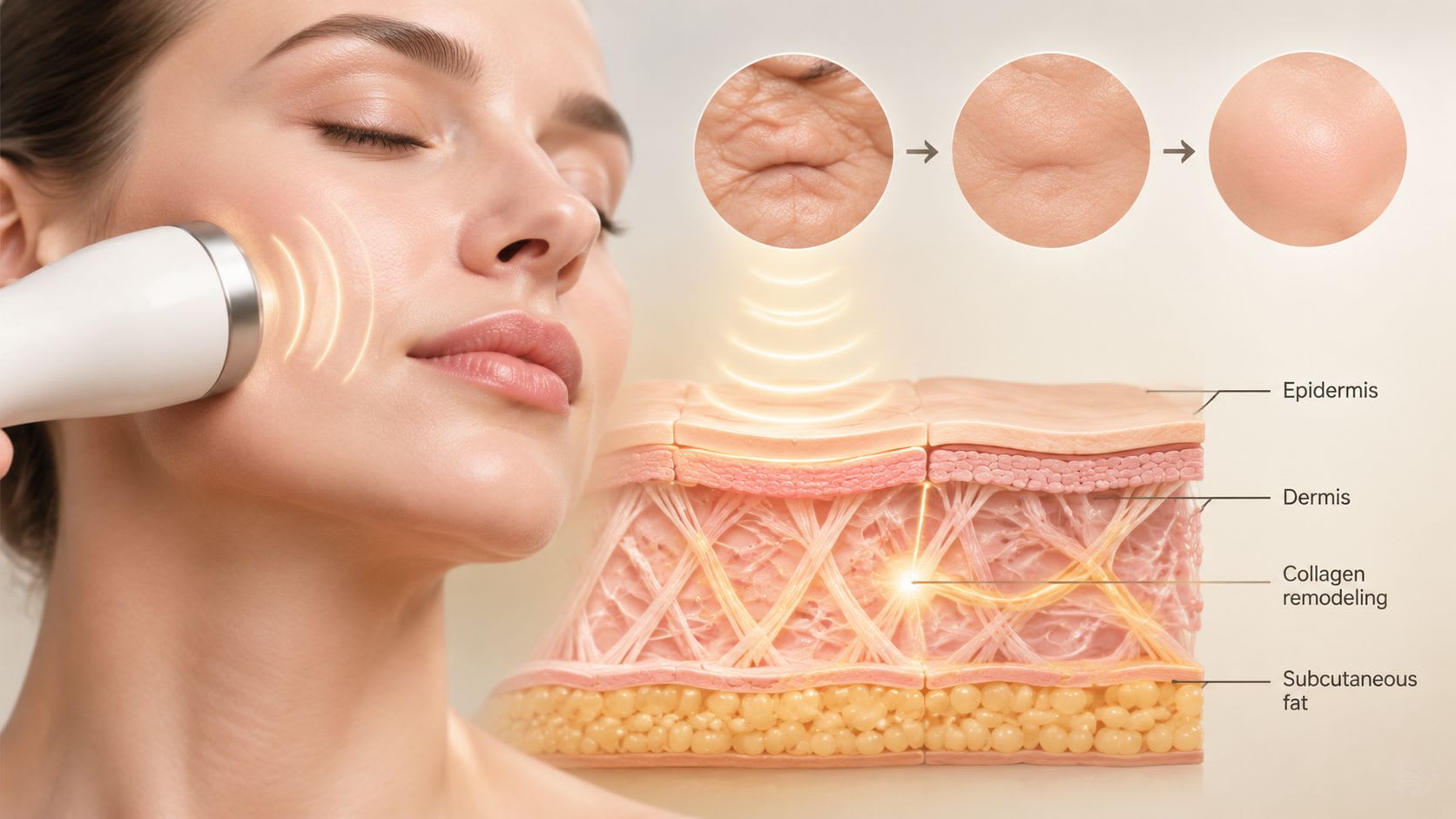 A woman receiving a non-invasive cosmetic skin tightening procedure using a handheld device on her face.
