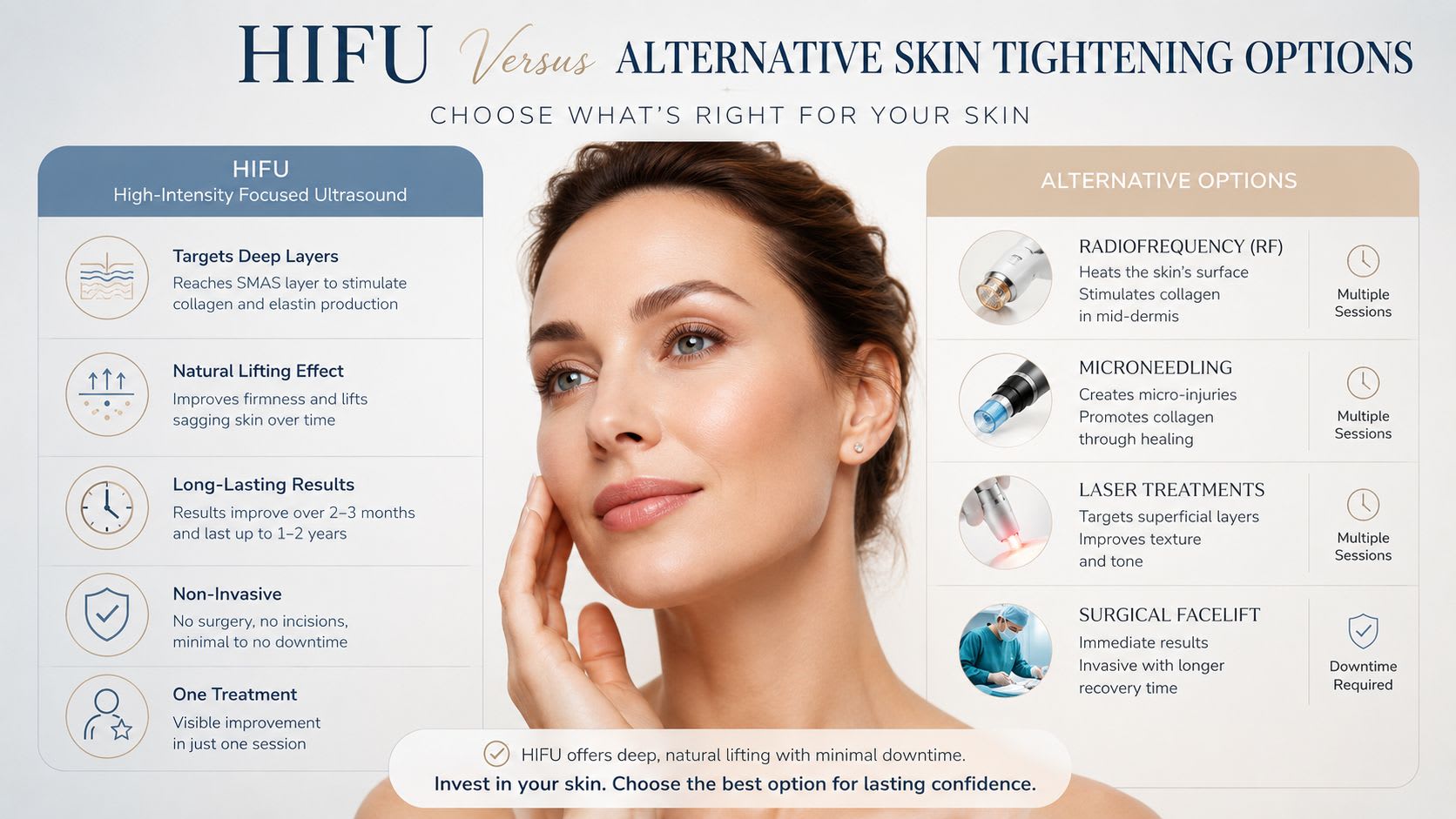 A comparison chart showing benefits of HIFU versus alternatives like radiofrequency, microneedling, laser treatments, and surgical facelifts.