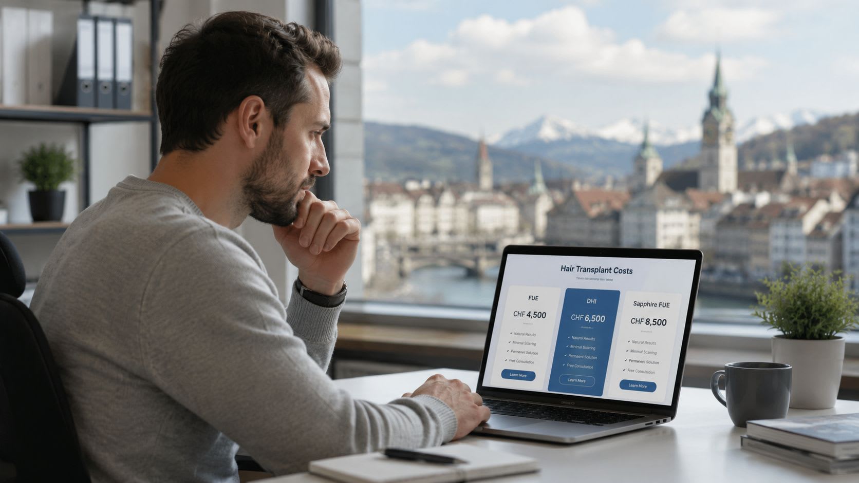 A man thoughtfully looking at a laptop screen displaying a hair transplant cost comparison table in an office.