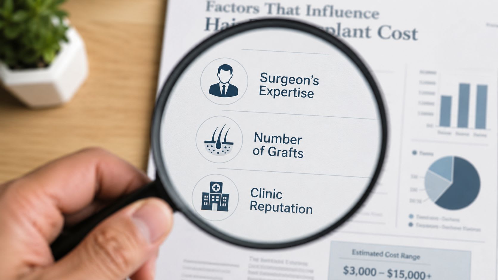 A hand holding a magnifying glass over a document listing factors that influence hair transplant surgery costs.