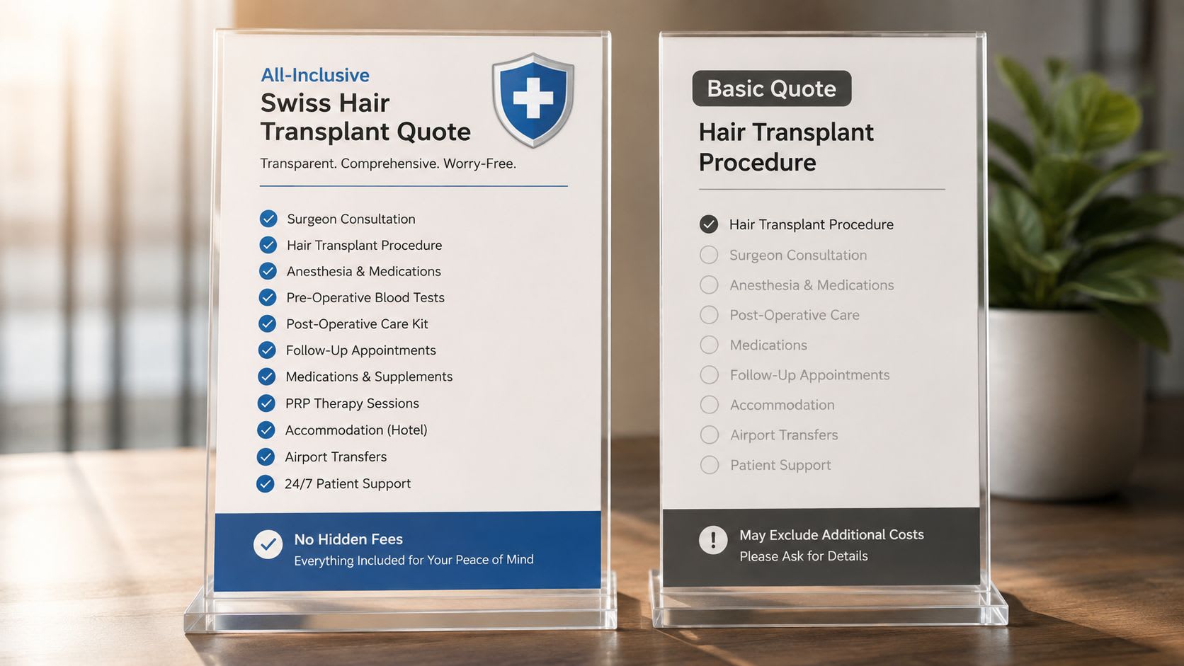 A comparison sign showing all-inclusive versus basic hair transplant quote packages with lists of included services.