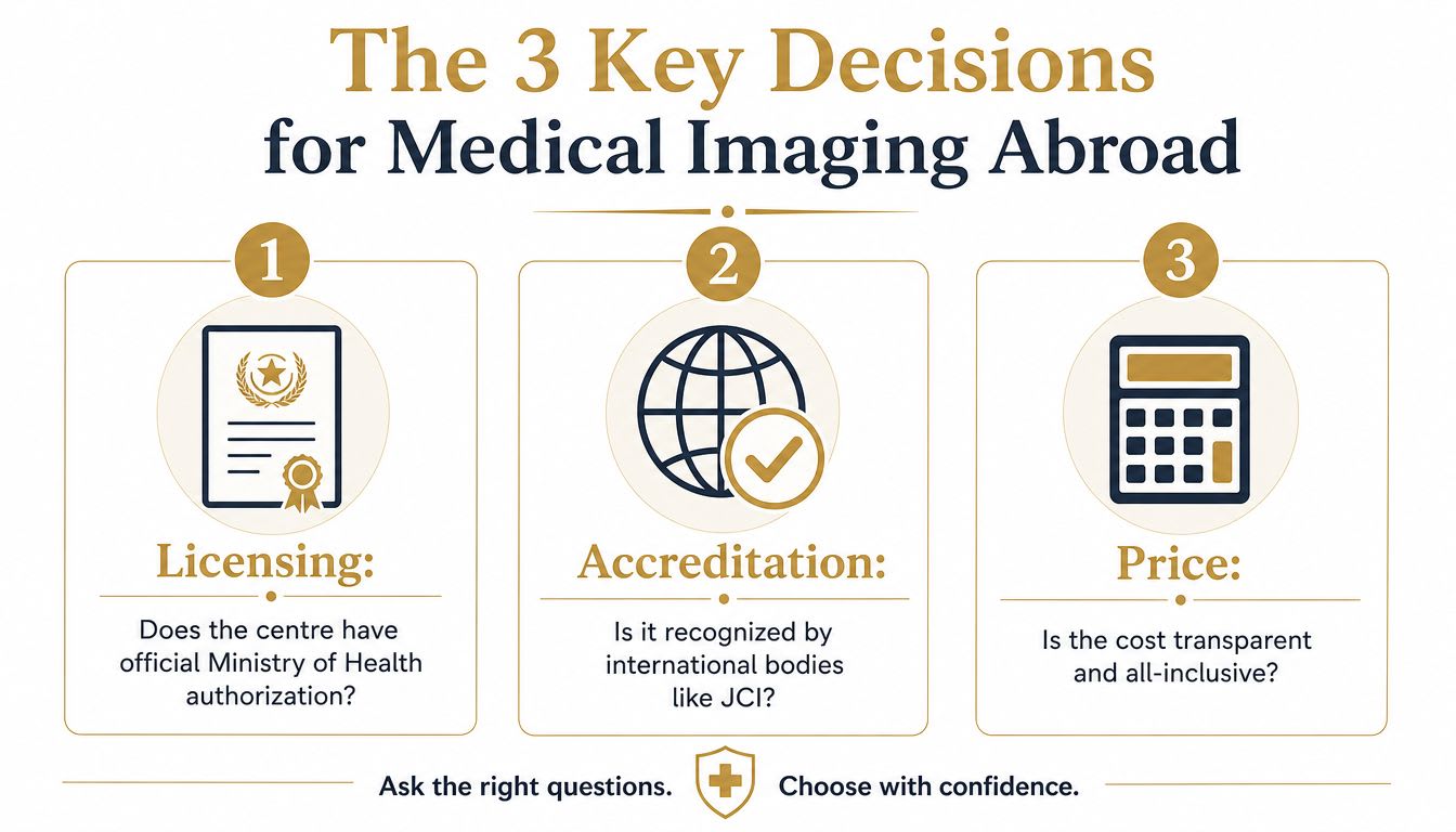 An infographic titled The 3 Key Decisions for Medical Imaging Abroad highlighting licensing, accreditation, and pricing considerations.