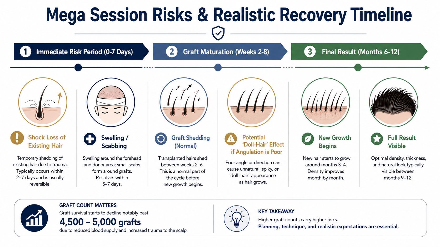 An infographic showing a timeline of recovery risks and healing stages after a mega hair transplant procedure.