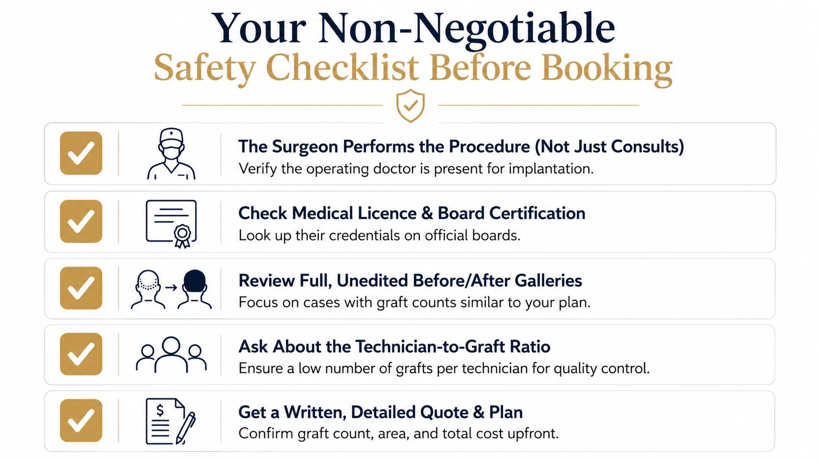 A safety checklist infographic for patients to review before booking a hair transplant surgery procedure.