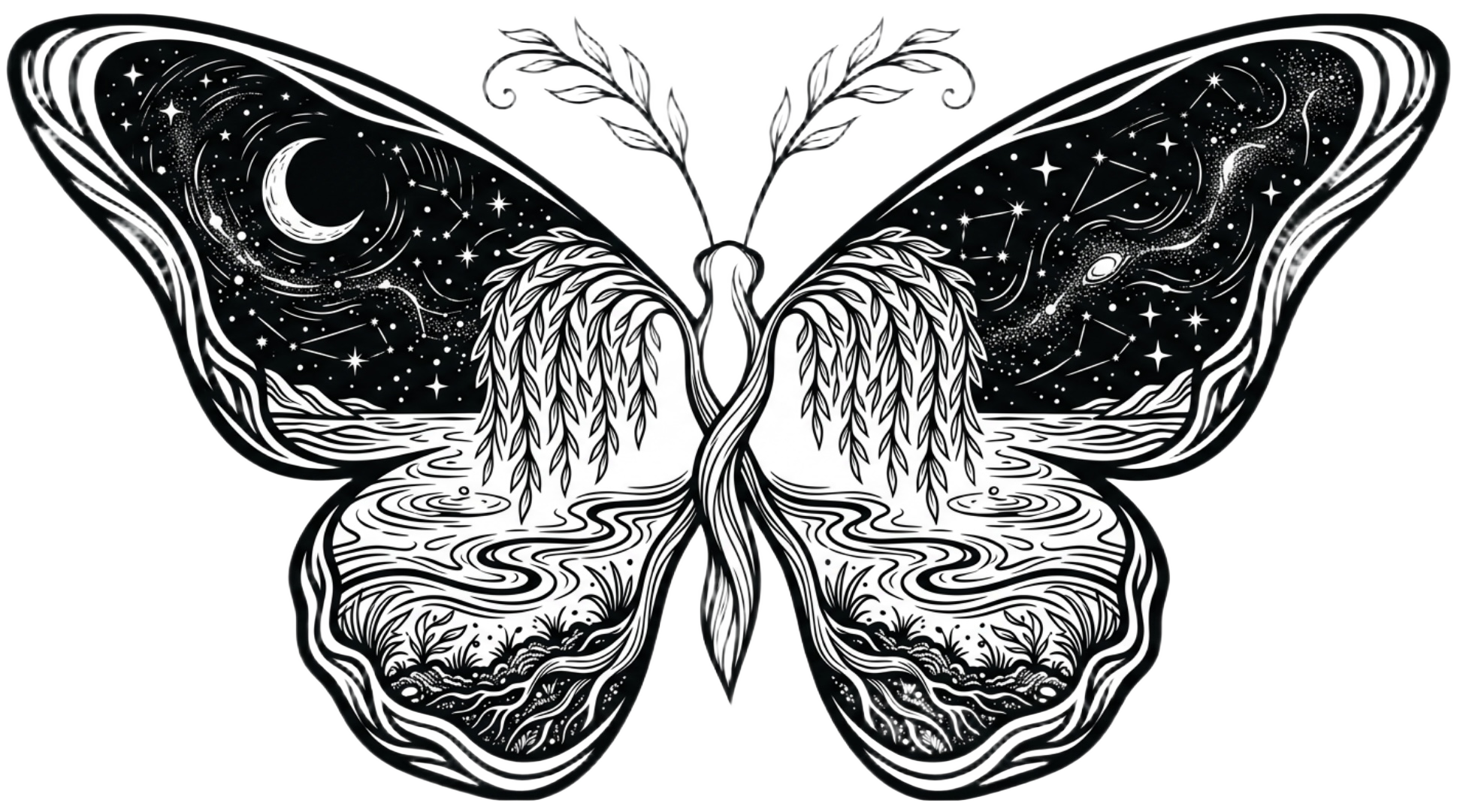For Every Star A Tree - 2026 Logo featuring an illustrated butterfly with two willows, water, and a brilliant starry night sky.
