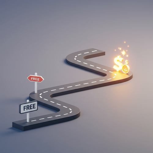 Path with signs showing free and dollar sign