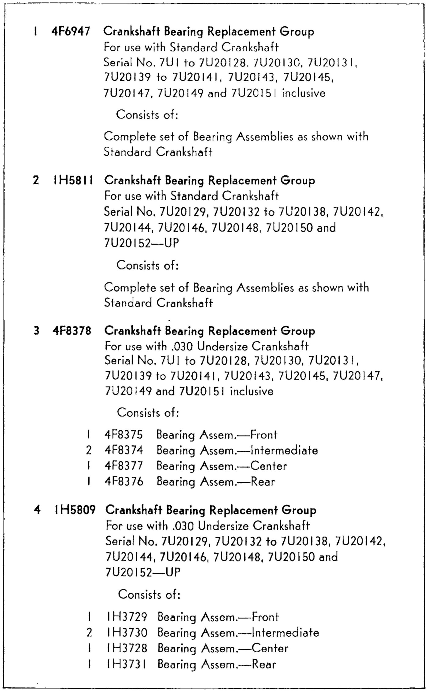 CRANKSHAFT BEARING REPLACEMENT GROUPS