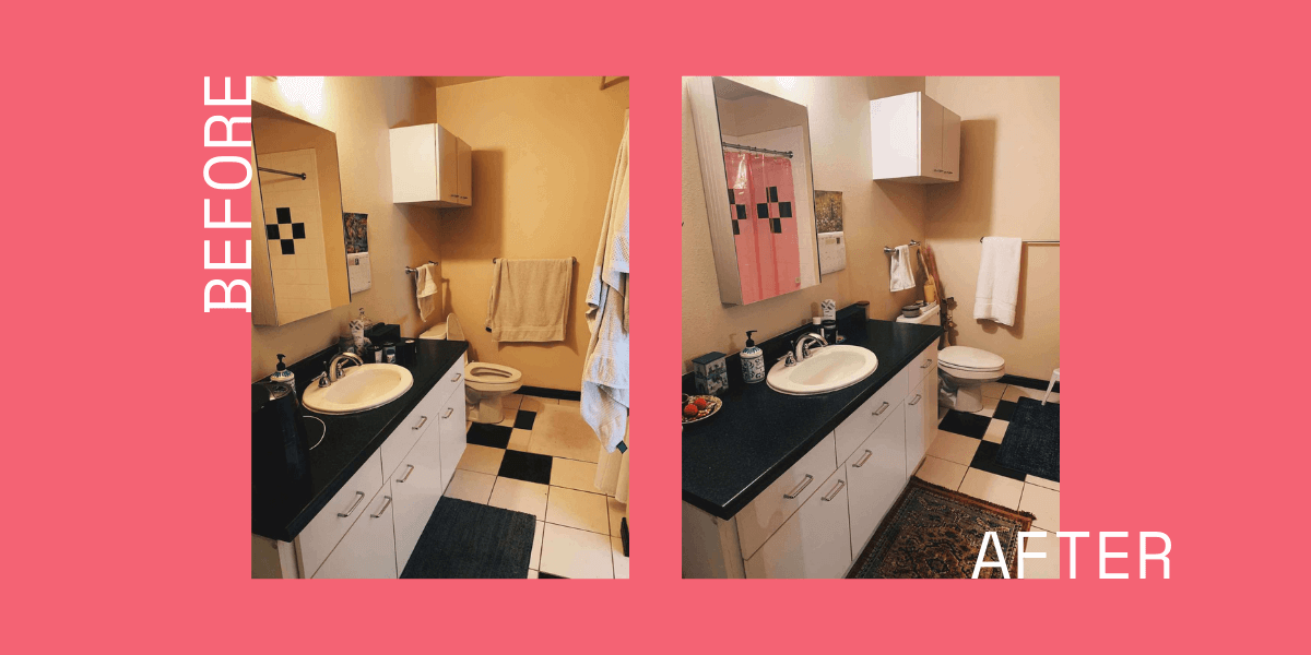 before and after collage of the bathroom makeover with a pink background