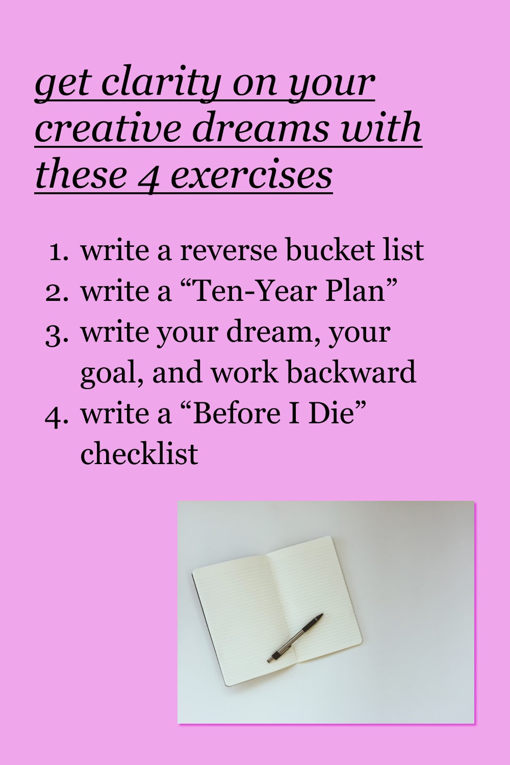 pink background with list of four exercises for creative visioning and notebook flat lay image