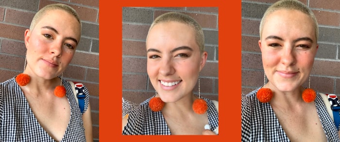 three selfies of me with a buzz cut and orange pom pom dangly earrings