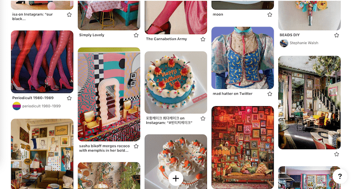 screenshot of my pinterest dreams board, which includes photos of brightly colored cakes, tights, and cozy cluttered gallery walls