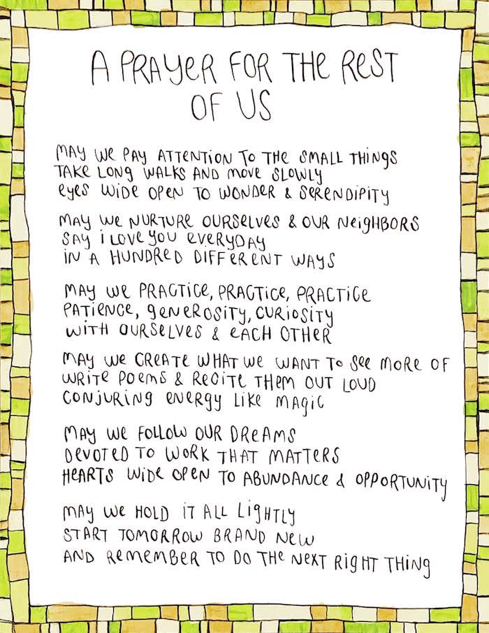 a prayer for the rest of us hand written in black pen on white paper with a painted green and yellow checkered border