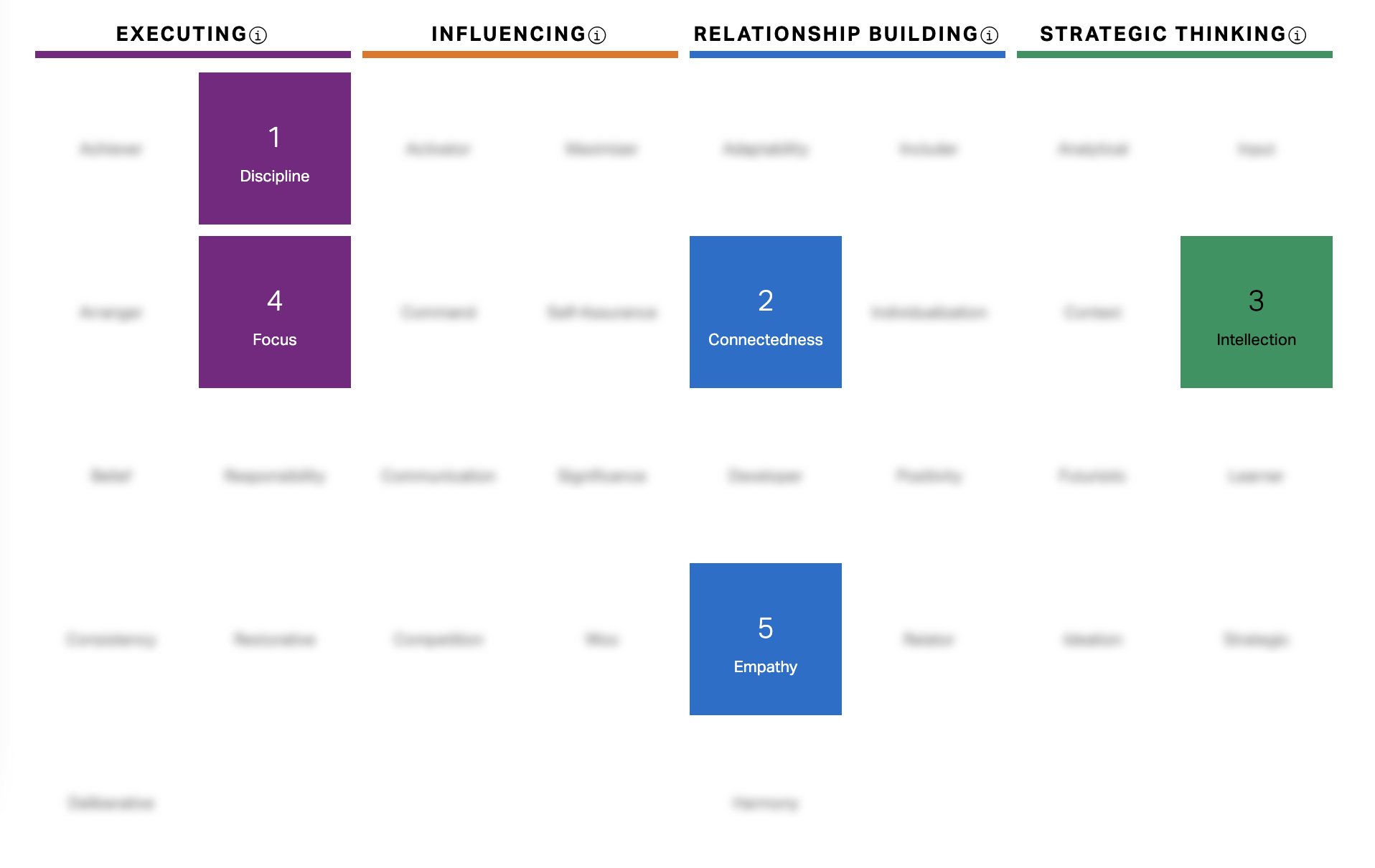 screen shot of strengths from 2022 -- discipline and focus are in the executing category, connectedness and empathy are in the relationship building category, and intellection is in the strategic thinking category