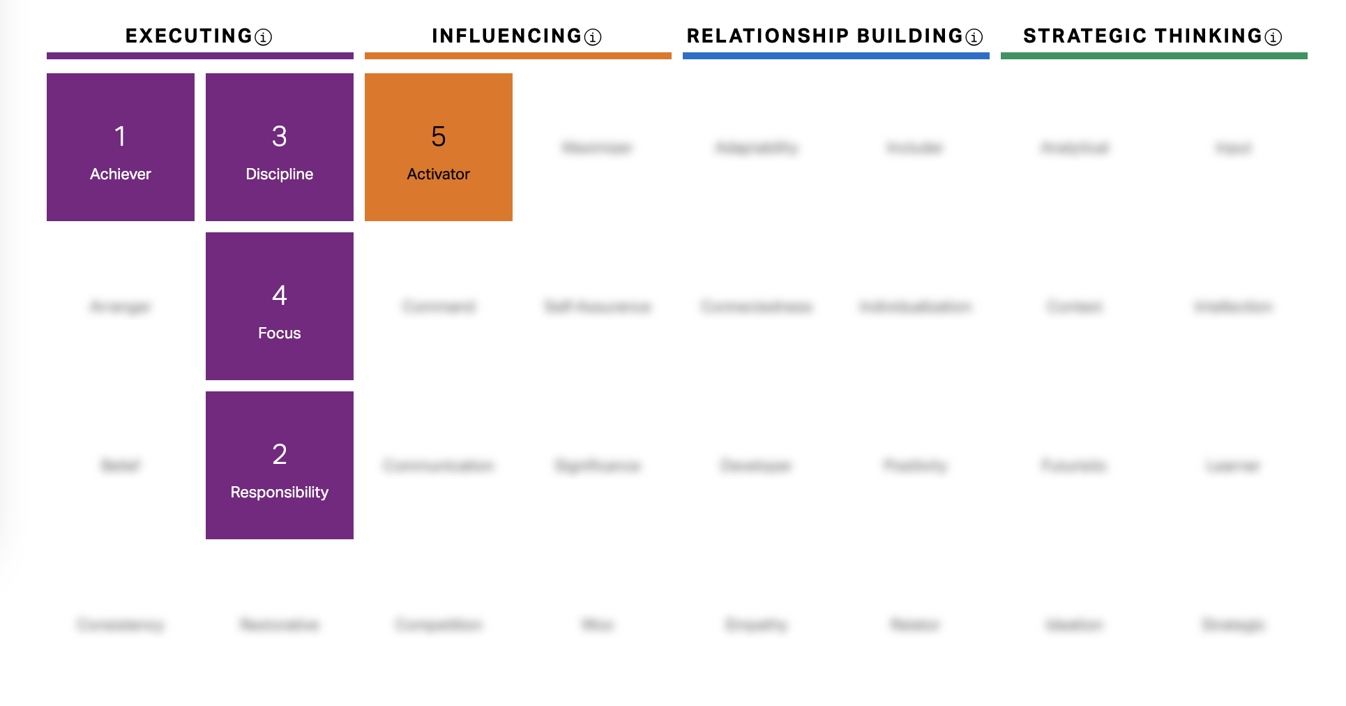 screen shot of strengths from 2017 -- achiever, responsibility, discipline, and focus are all in the executing category and activator is in the influencing category