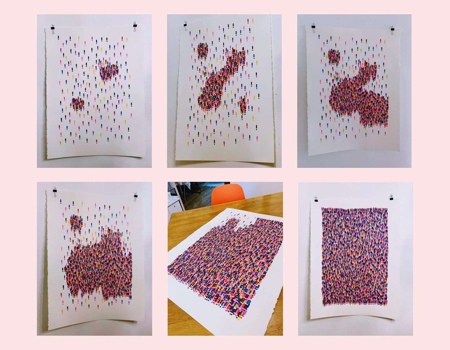 six process pictures of the exclamation 1 drawing on a pink background