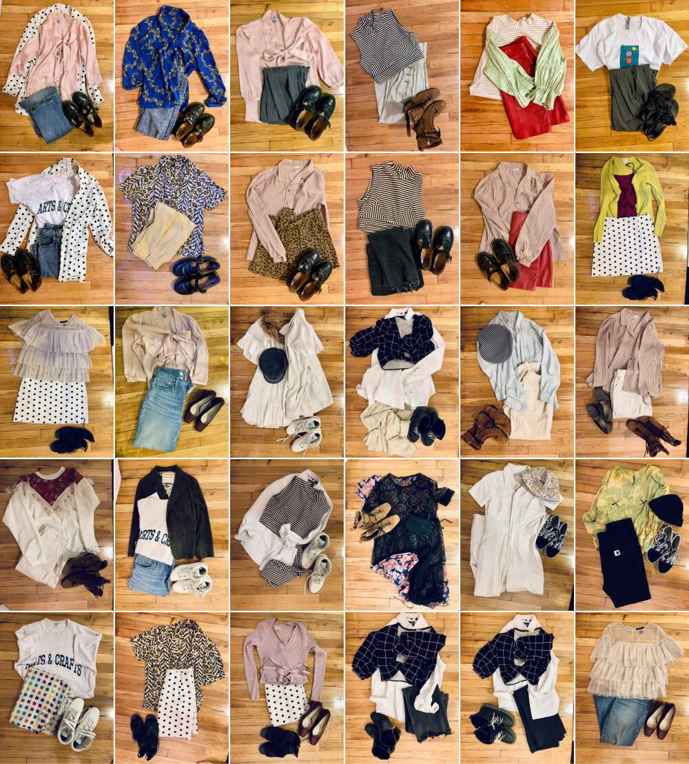 flat lay of all 30 outfits