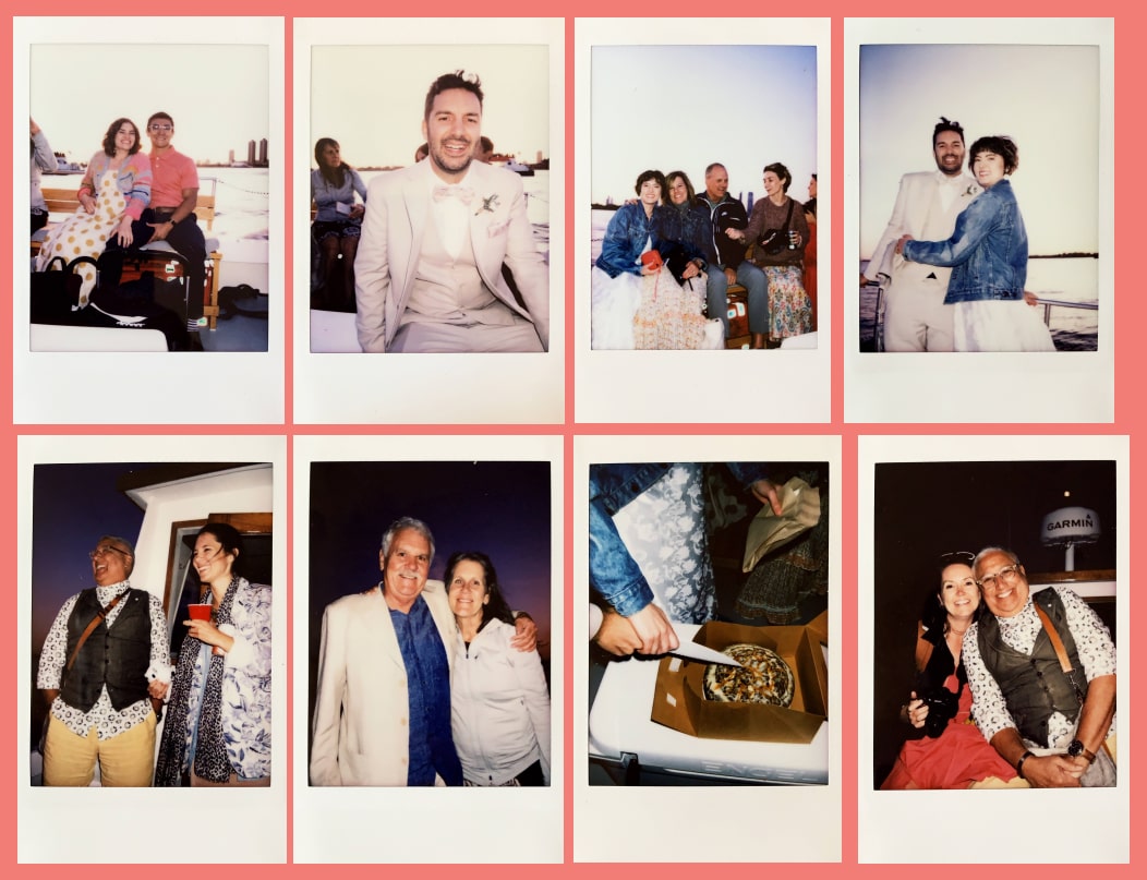 polaroid flat lay of wedding guests on the sunset boat cruise