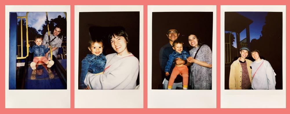 polaroid flat lay of wedding guests hanging out at the park