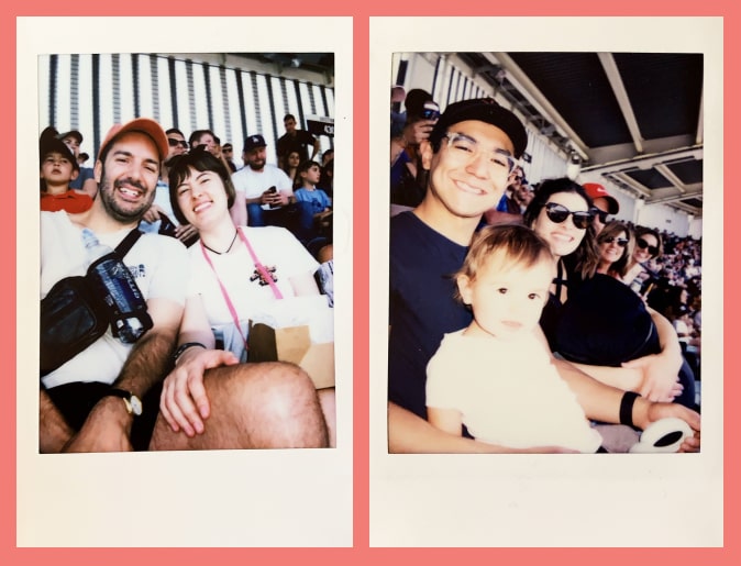 polaroid flat lay of wedding guests sitting in the stadium seats at the Yankees game