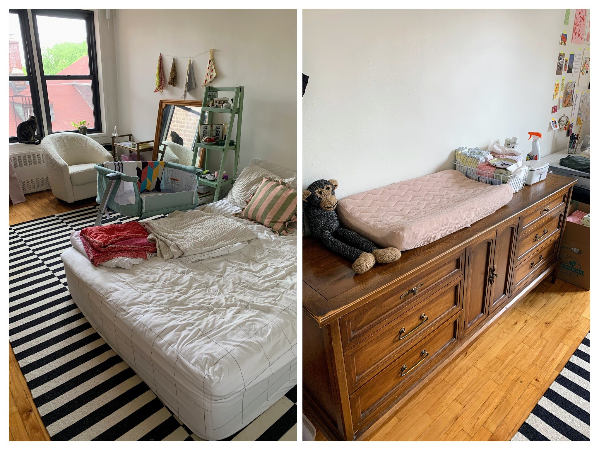 collage with two images showing a simple, functional, and organized nursery/bedroom/home office