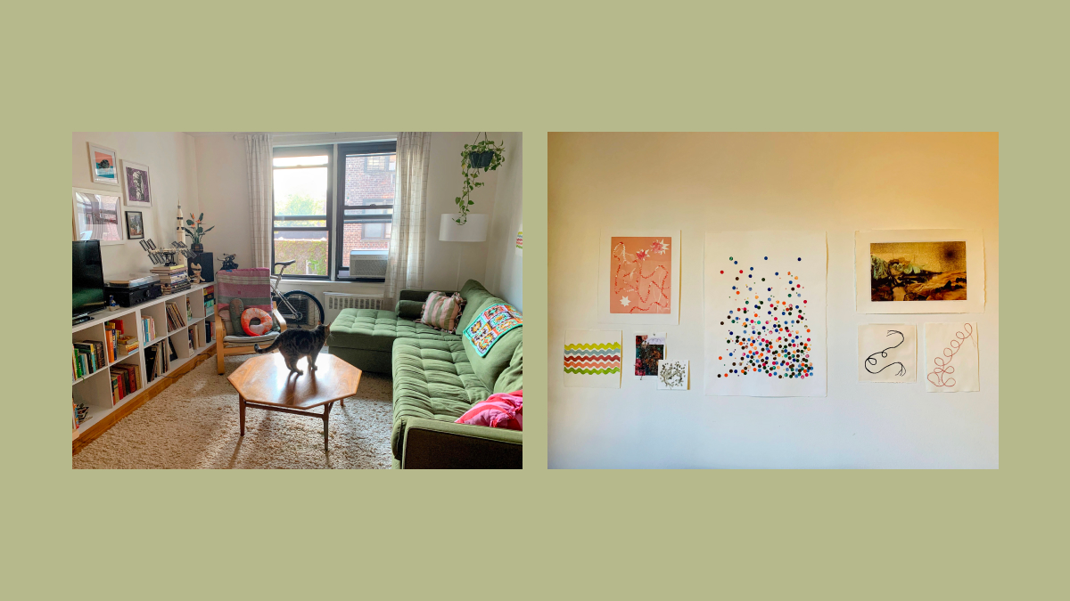 living room with green couch and gallery wall of handmade prints