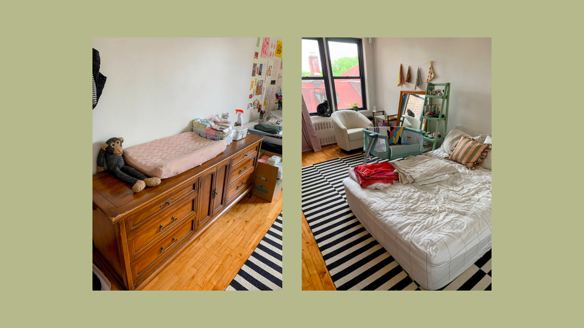 bedroom with bassinet and diaper changing area on top of a long wooden dresser