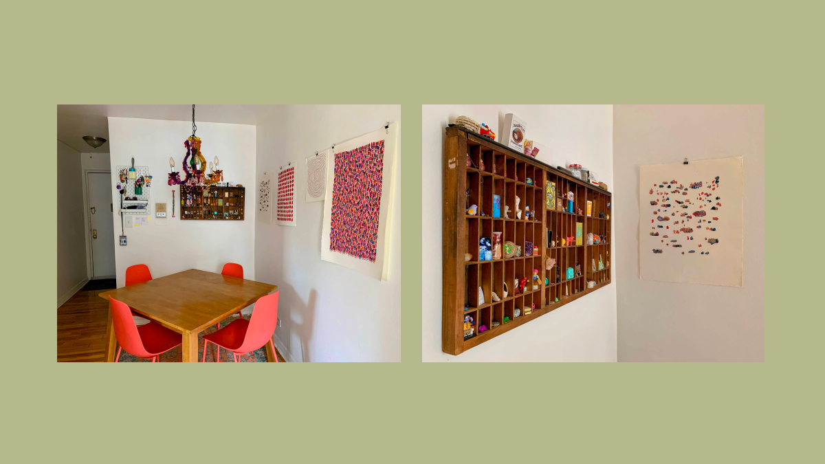 dining space with colorful plastic chandelier and orange chairs and handmade art on the walls