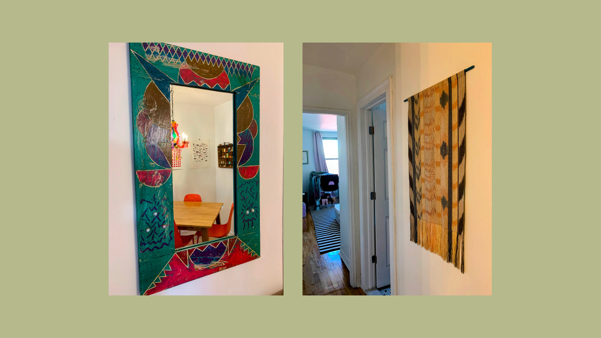 mirror with carved wooden frame and pink woven tapestry