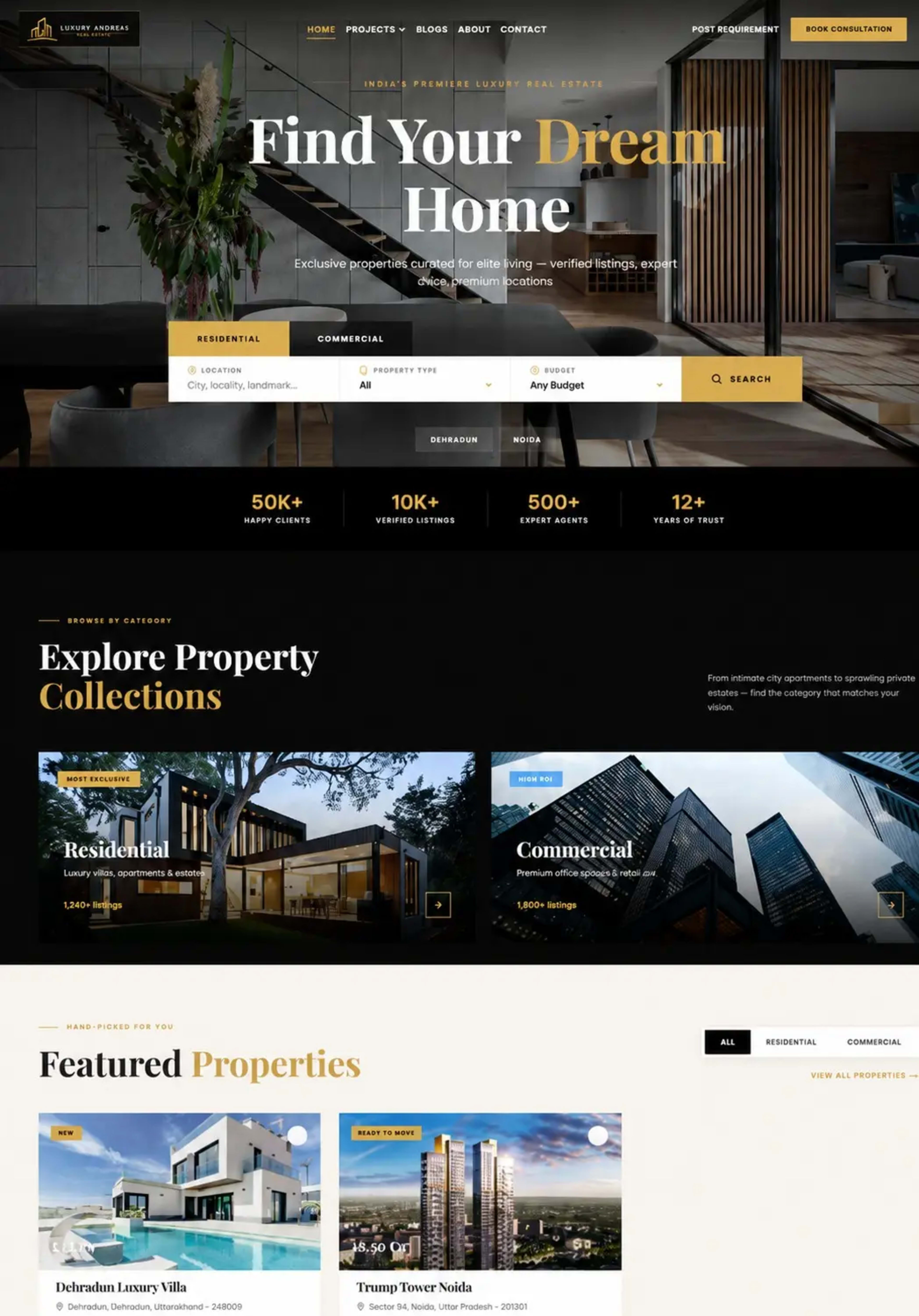 Luxury digital portal showing premium real estate listings and sophisticated design elements.