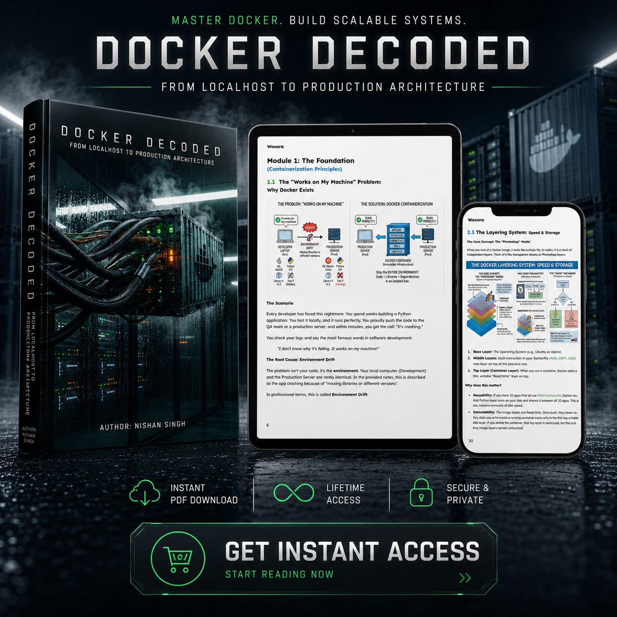 Docker Decode From Local to Production Architecture eBook Cover by Nishan Singh