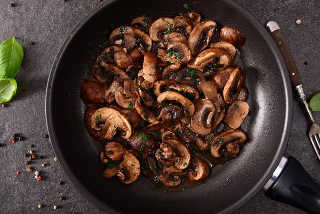 Cooked mushrooms in a pan