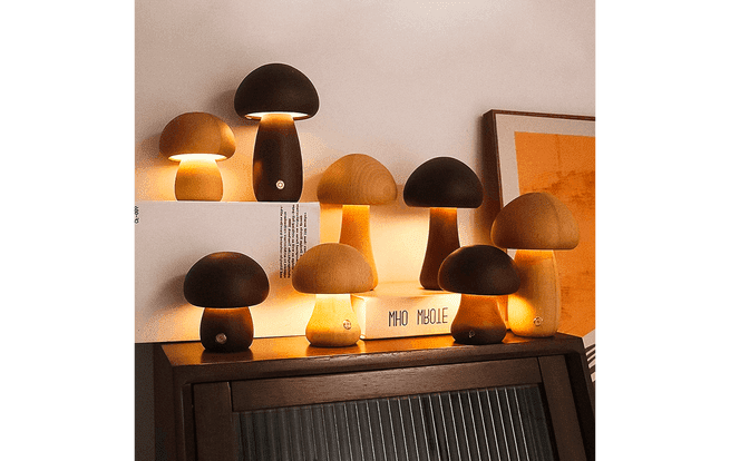 An assortment of multicolored and multisized mushroom lamps.