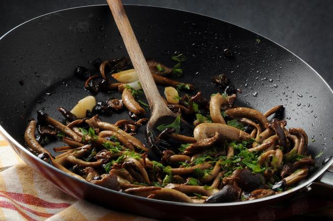 Cooked mushrooms in a pan