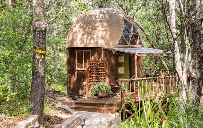 An airbnb home with a dome roof nestled in the forest.