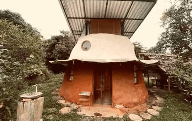 An airbnb home with a mushroom-like roof.