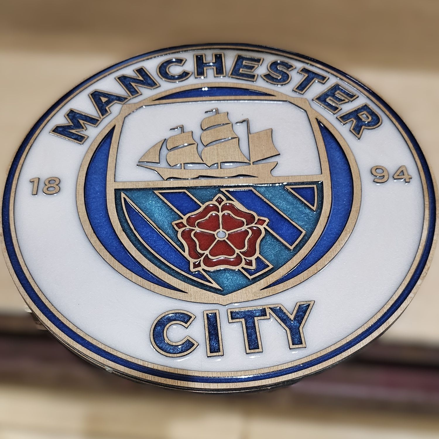 Manchester City F.C. Handcrafted Wooden and Resin Crest - Image 1
