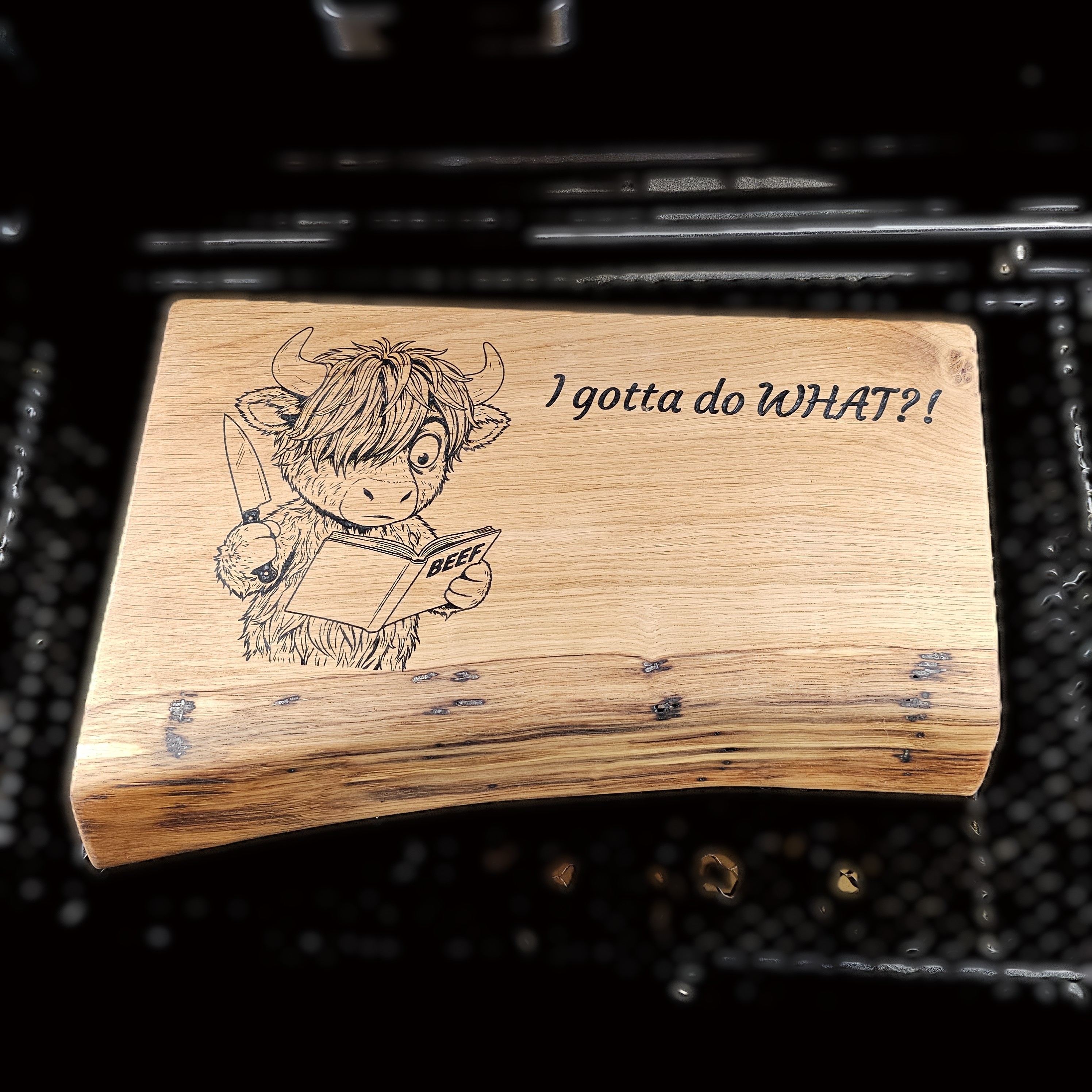 Highland Cow Engraved Solid Oak Butcher’s Block – Live Edge Chopping Board
