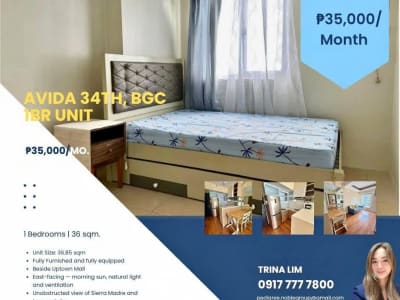 FOR LEASE: East-Facing 1BR | Sierra Madre & Lake Views | Avida 34th St BGC |