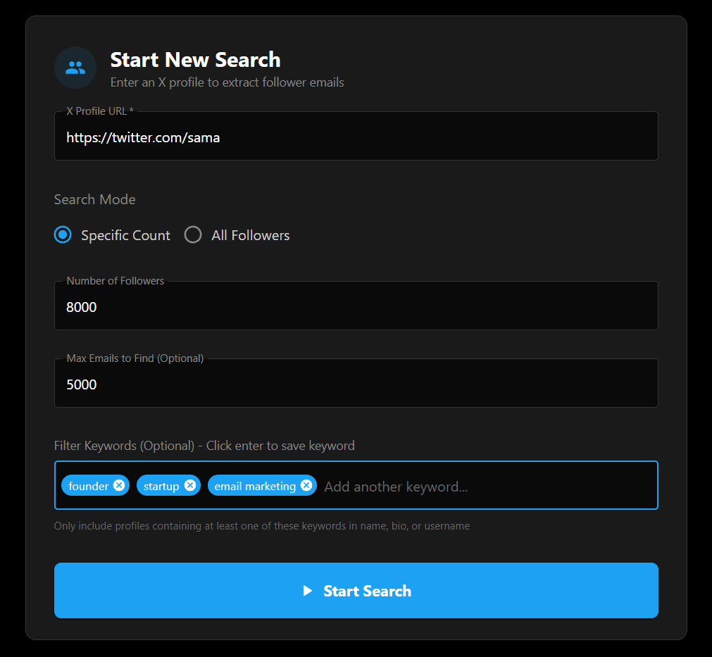 Handle Email Scraper dashboard showing Twitter audience search interface with input fields for entering competitor accounts, hashtags, and Twitter profile URLs for lead generation