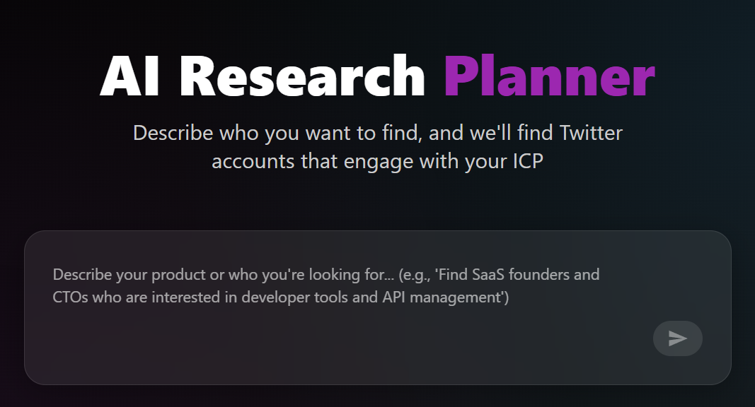 Handle AI Research Planner interface showing form to describe your product or company for AI-powered audience targeting and ideal customer profile identification