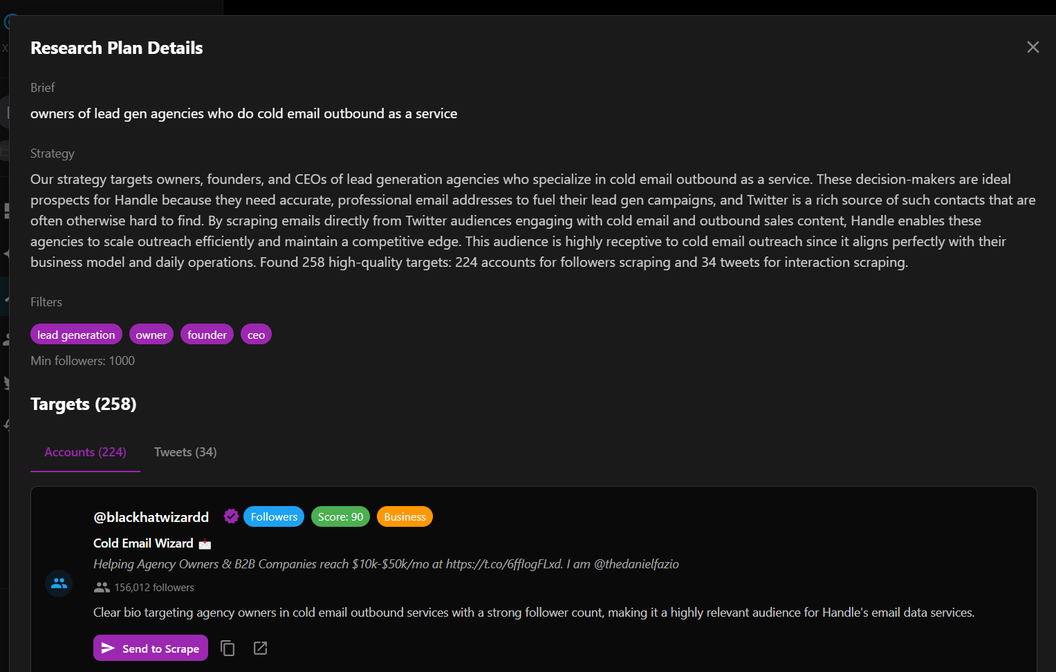 Handle Research Plan Dashboard displaying AI-generated target accounts, keywords, and list of 200+ prospects with Send to Scrape functionality for automated email extraction